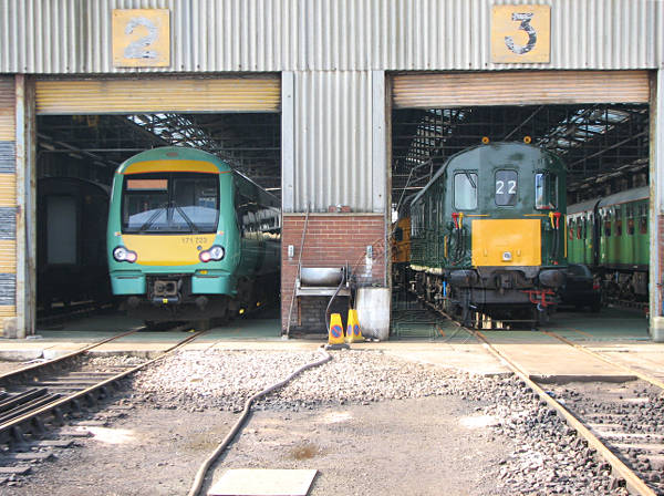 [PHOTO: Trains in depot shed: 69kB]