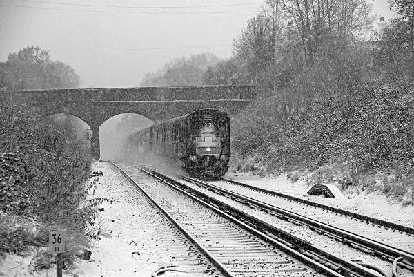 [PHOTO: Train approaching in snowstorm: 69kB]