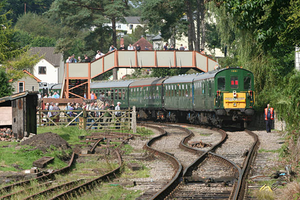 [PHOTO: Train and footbridge: 81kB]